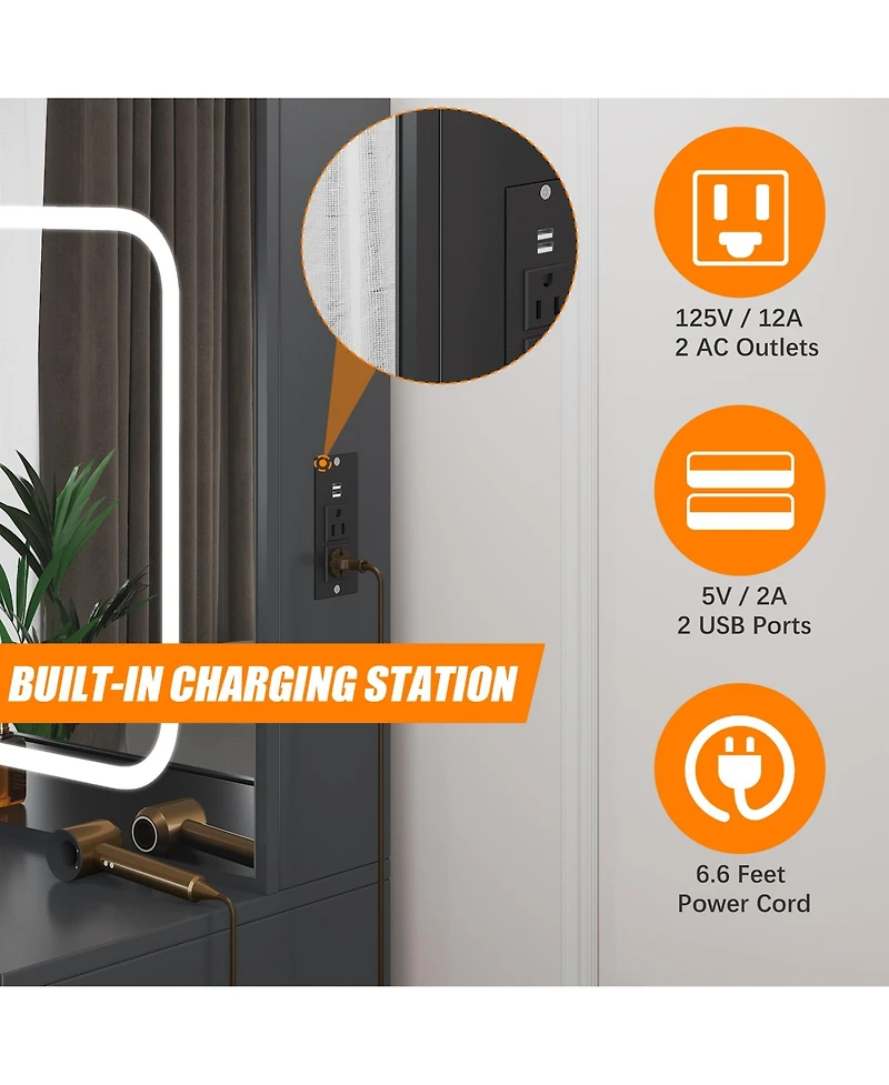 Homfan Modern Vanity Desk with Sliding Led Mirror, 4 Drawers, Power Outlet, Storage Shelves, Adjustable Lighting, Cushioned Stool