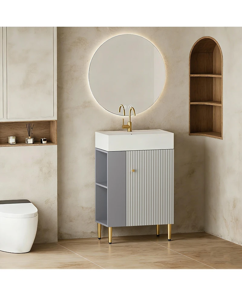 Busdays 21.6 Inch Open Shelving Bathroom Vanity with Ceramic Sink Soft Close Door Cloakroom Storage Cabinet Left Side Grey Finish Assembly Required