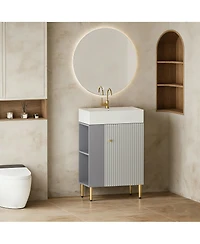 Busdays 21.6 Inch Open Shelving Bathroom Vanity with Ceramic Sink Soft Close Door Cloakroom Storage Cabinet Left Side Grey Finish Assembly Required