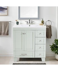 Busdays 30 Inch Bathroom Vanity with Ceramic Sink Soft Close Drawers Solid Wood Frame Multi Organizer Storage 76x47x85cm