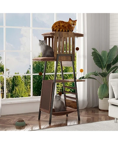 Aostirmotor Modern Cat Tree 58 Inch, Large Cat Tower for Maine Coon with Scratching Board, Large Perch, Hammock and Removable Pads