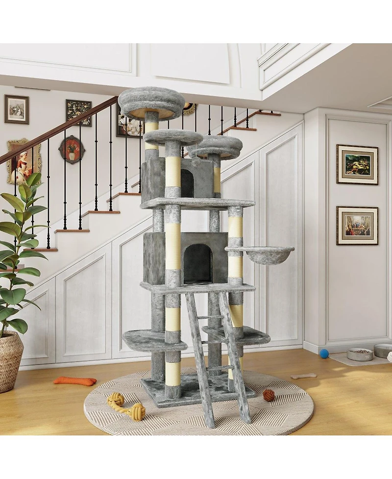 6thdruple 70.87" Multi-Level Cat House Tree, Gray Large Tower with Condos, Hammock, Perches, Sisal Scratching