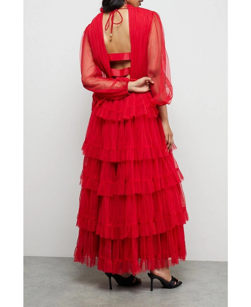 Warehouse Women's Ruffle Neck Tulle Maxi Dress