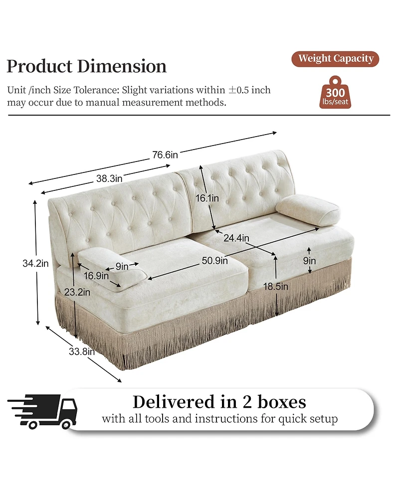 Rainsken Velvet Loveseat Sofa, Mid-Century Upholstered Couch with Button Tufted Design and Floor-grazing Tassel Fringe Skirt for Living Room