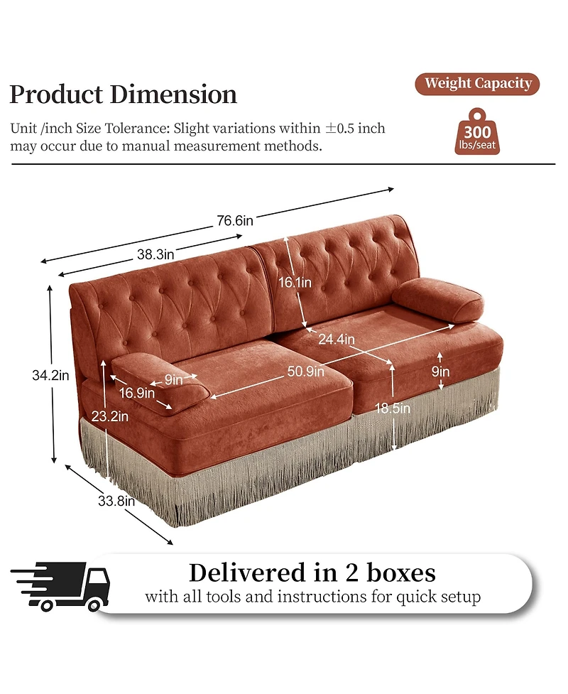 Rainsken Velvet Loveseat Sofa, Mid-Century Inspired Upholstered Couch with Button Tufted Back and Floor-Grazing Tassel Skirt Living Room