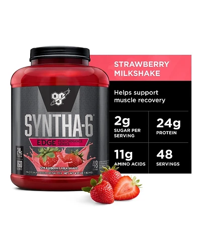 Bsn Syntha-6 Edge Protein Powder, Hydrolyzed Whey, Micellar Casein, Milk Protein Isolate, Low Sugar, 24g Protein, Strawberry Milkshake, 48 Servings