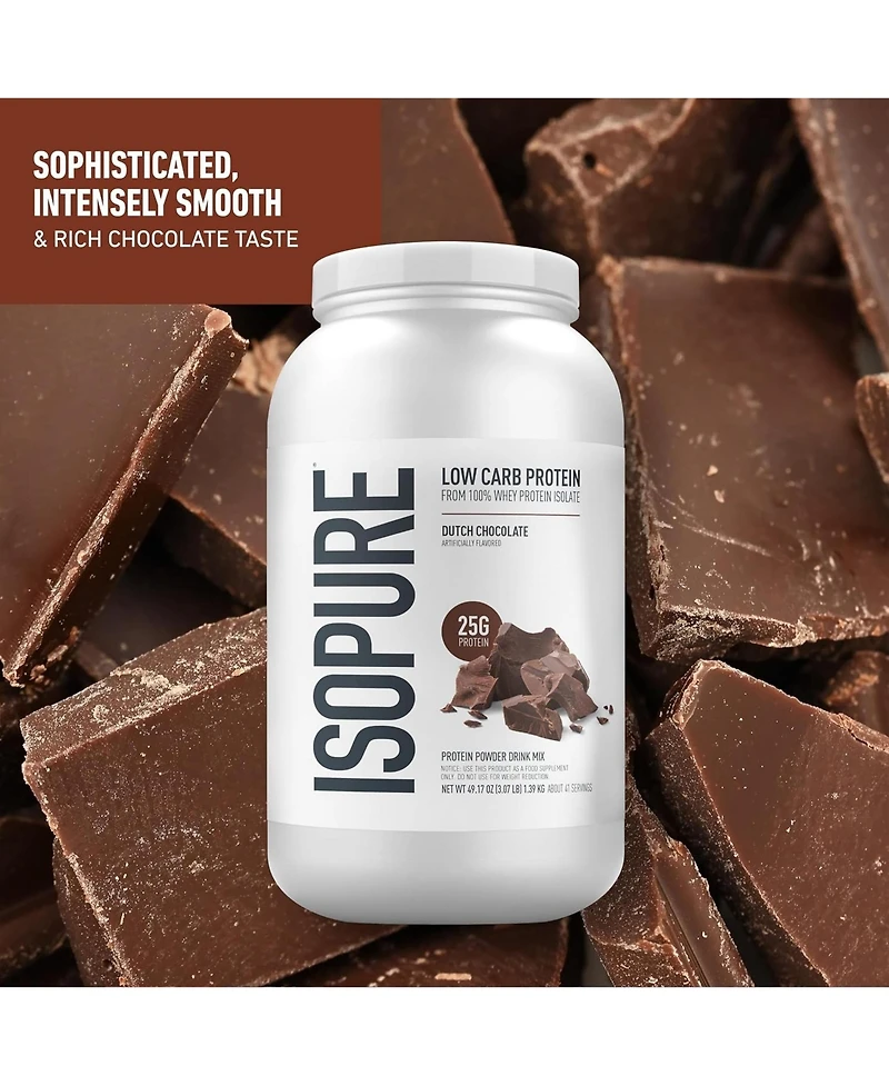 Isopure Low Carb Pure Whey Isolate Protein Powder, Lactose Free, Gluten Free, Vitamins, Dutch Chocolate, 25g Protein Per Serving, 41 Servings