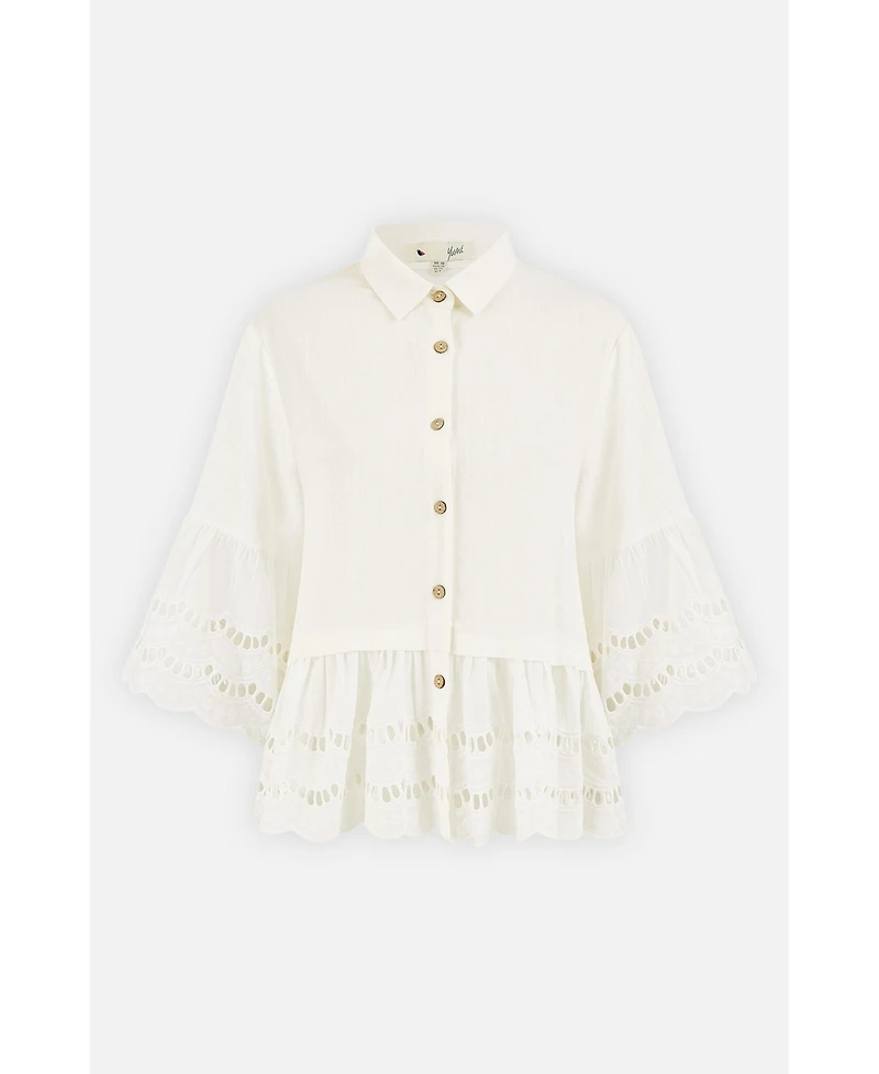 Yumi Women's 34 Sleeve Relaxed Scallop Trim Shirt