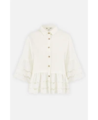 Yumi Women's 34 Sleeve Relaxed Scallop Trim Shirt