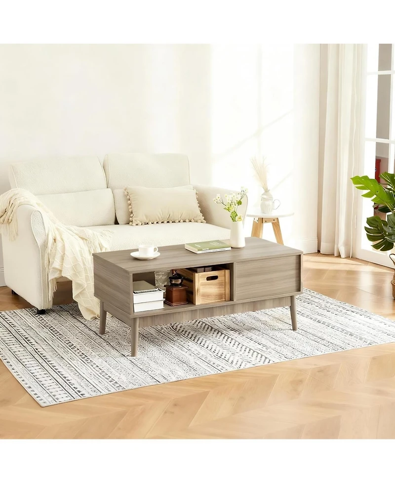 gaomon 39.4" Mid Century Modern Coffee Table with Storage, 2-Tier Fluted Rectangle Center Table with Drawer, Open Shelf and Wood Legs for Living Room