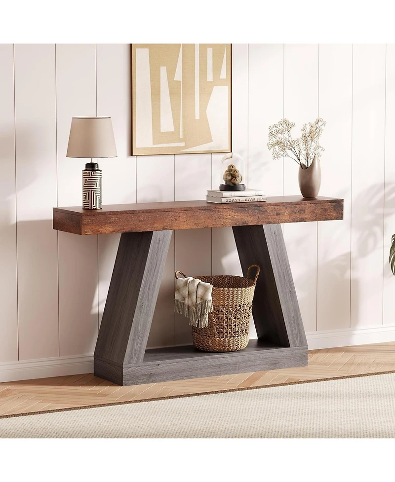 gaomon Farmhouse Console Table with Trapezium Design - 55" Wooden Sofa Table with Open Storage Shelf