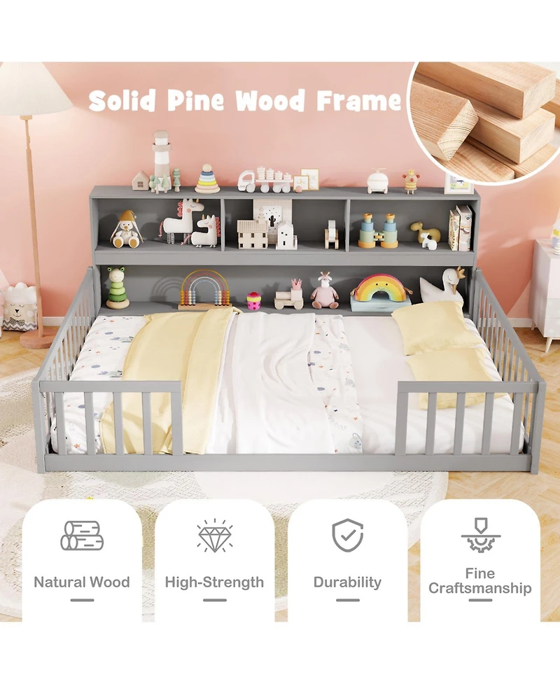 Sugift Twin Size Montessori Floor Bed with Bookcase