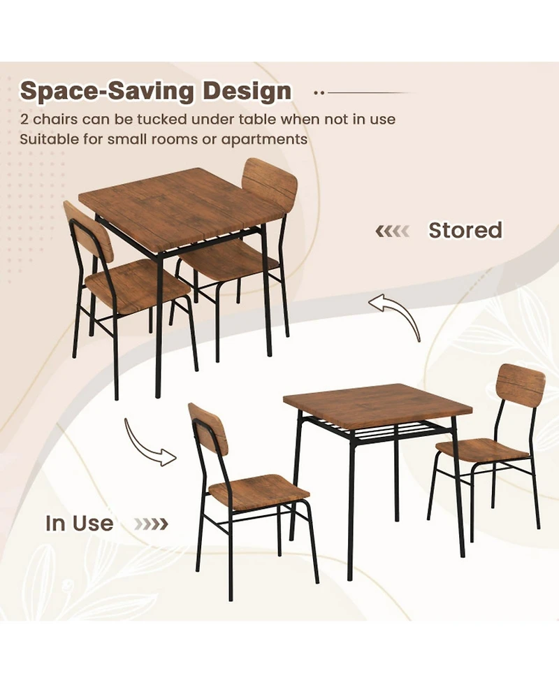 Gouun 3-Piece Square Dining Table Set for 2 with Storage Rack