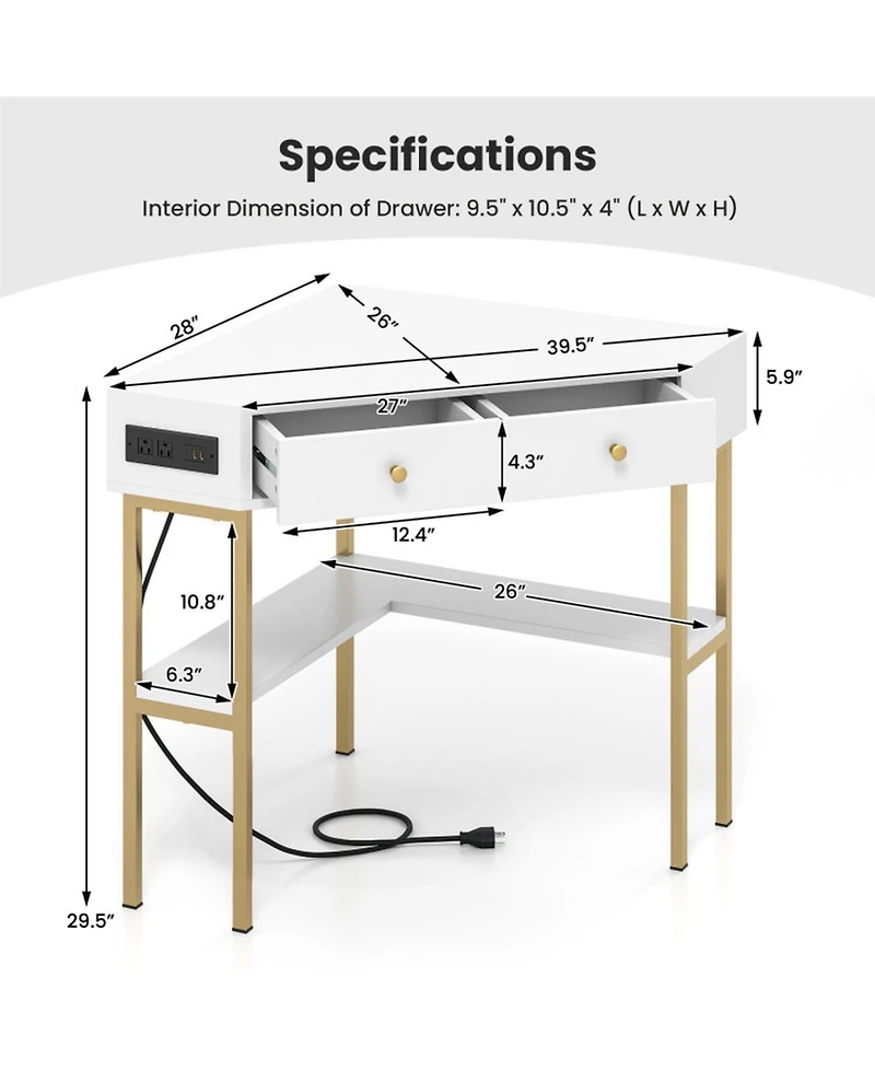 Gouun Triangular Corner Desk with Charging Station, 2 Drawers and Bottom Storage Shelf