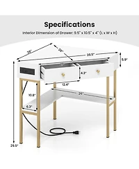 Gouun Triangular Corner Desk with Charging Station, 2 Drawers and Bottom Storage Shelf