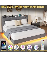 Homfan Floating Upholstered Bed Frame with Led Lights, Charging Headboard and Storage Shelf, Box Spring Not Required