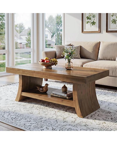 Tribesigns Farmhouse Coffee Table with Storage Shelf, 47.2" Mid Century Modern Solid Wood Coffee Tables with Curved Base