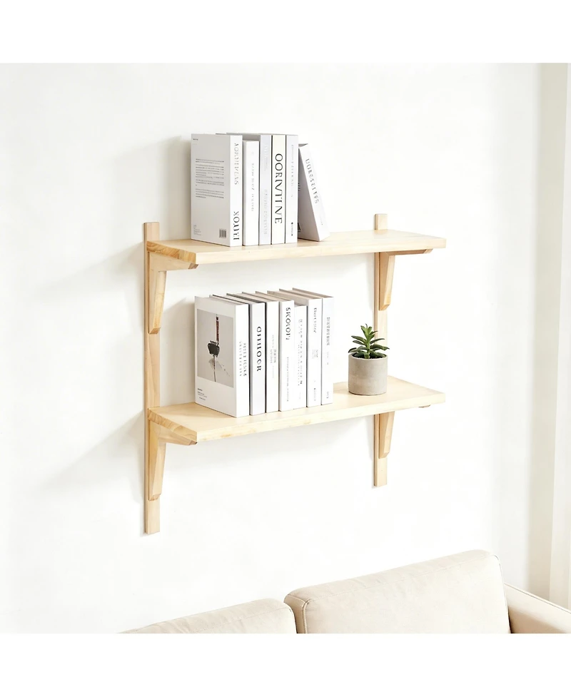 Yigii Mid-century Wall Shelf 24" Walnut 2-Tier Solid Wood Storage