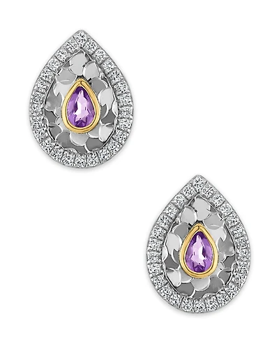 Macy's Swiss Blue Topaz (1/10 ct. t.w.) & White (1/8 Glitter Texture Earrings 14k Two-Tone Gold (Also Available Amethyst)