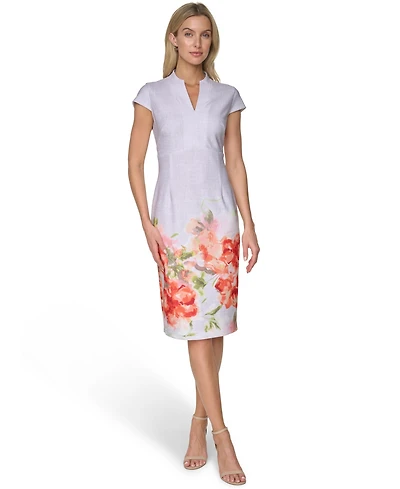 Calvin Klein Petite Placement Printed Split V-Neck Sheath Dress