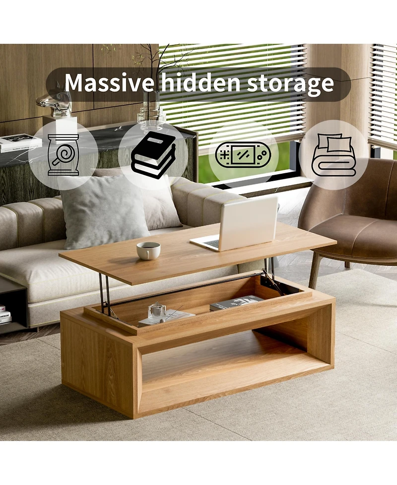 Rainsken 43.3'' Lift-top Coffee Table, Rectangle Center Table with Storage and Adjustable Height, Solid Wood Veneered for Living Room
