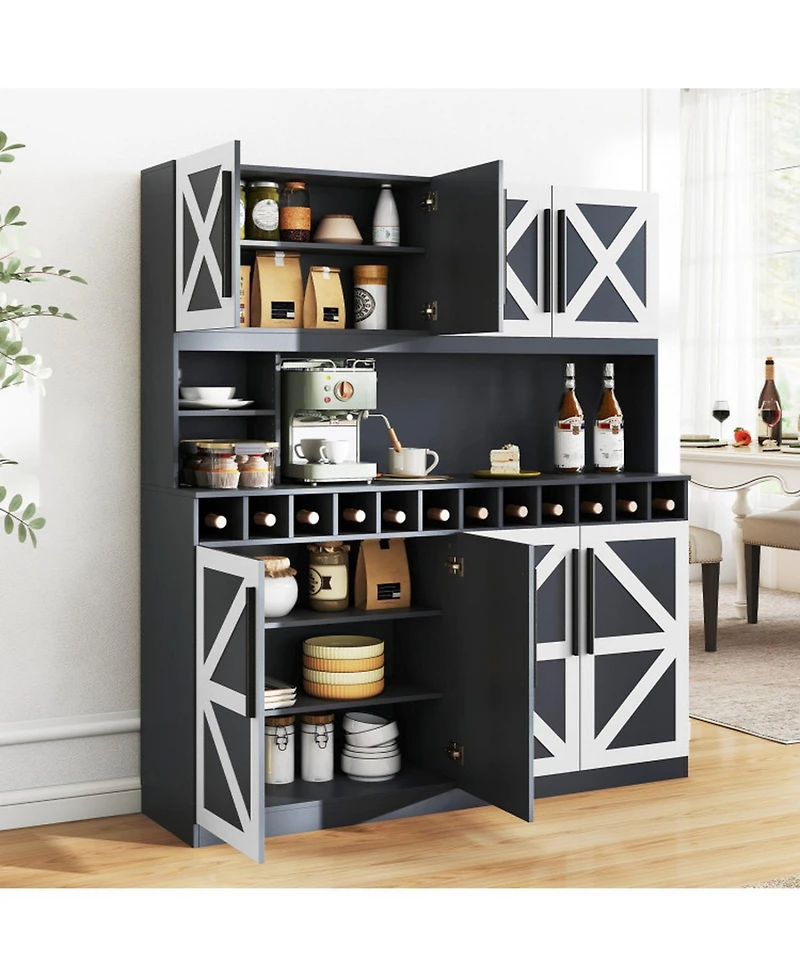 Gouun 70 in Tall Farmhouse Pantry Cabinet with 12-Bottle Wine Rack and Adjustable Shelves