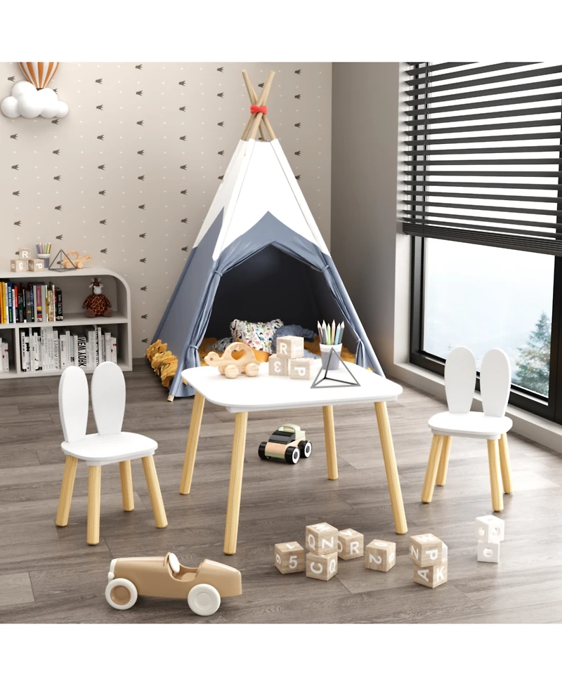 Rainsken 3 Piece Wood Table and Chair Set, w/ 2 Rabbit Themed Chairs, Wood Activity Table Drawing Play Table Set, Age 2-6 Boys Girls