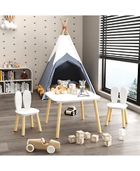 Rainsken 3 Piece Wood Table and Chair Set, w/ 2 Rabbit Themed Chairs, Wood Activity Table Drawing Play Table Set, Age 2-6 Boys Girls