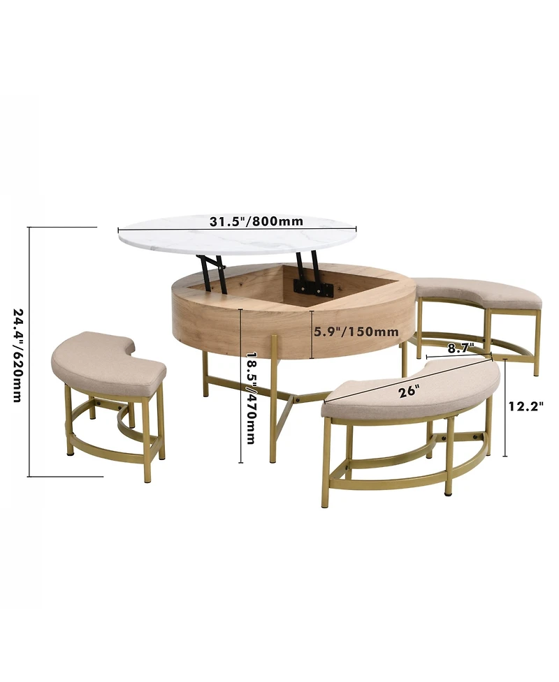 Rainsken Modern Round Lift-Top Coffee Table with Hidden Storage and 3 Ottoman, Nesting Center Table Set for Living Room and Office