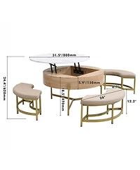 Rainsken Modern Round Lift-Top Coffee Table with Hidden Storage and 3 Ottoman, Nesting Center Table Set for Living Room and Office