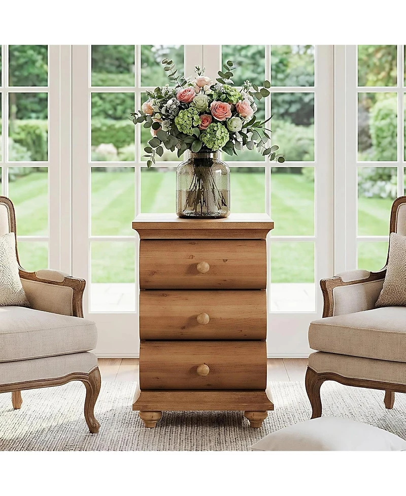 Tribesigns Solid Wood End Table Set of 2, 3 Drawers Narrow Sofa Side Table with Finished Back, Rustic Slim Nightstand Bedside Table