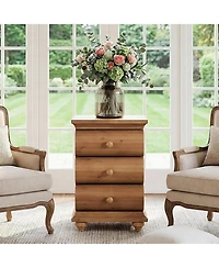 Tribesigns Solid Wood End Table Set of 2, 3 Drawers Narrow Sofa Side Table with Finished Back, Rustic Slim Nightstand Bedside Table