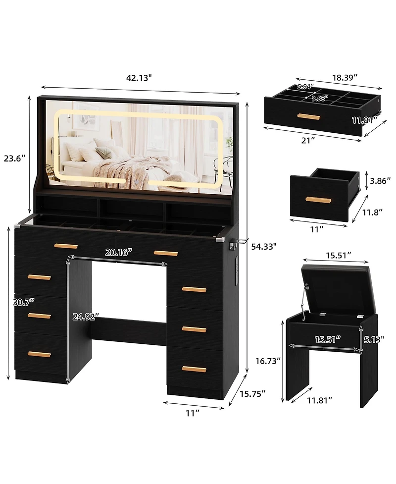 Homfan Makeup Vanity Desk Set with Large Lighted Mirror, 8 Drawers, 3 Storage Shelves, Glass Top, Stool, Built-in Power Outlet