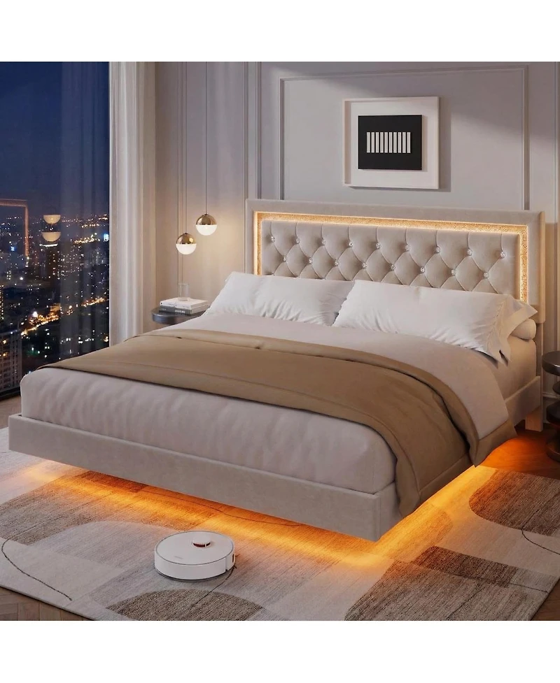 Homfan Floating Upholstered Bed Frame with Led Diamond Headboard and Wood Slats, Available Full, Queen