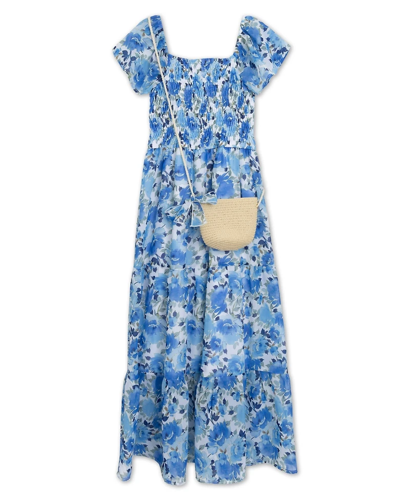 Speechless Girls' 7-16 Maxi Ruffle Square Neck Dress with Bag