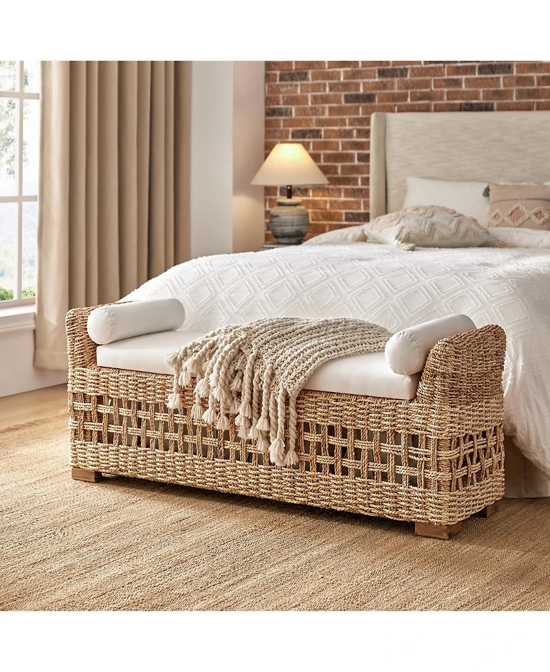 Hulala Home Anesty Flip Compartment Storage Rattan Upholstered Bench with Two Pillows and Solid Wood Feet
