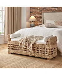 Hulala Home Anesty Flip Compartment Storage Rattan Upholstered Bench with Two Pillows and Solid Wood Feet