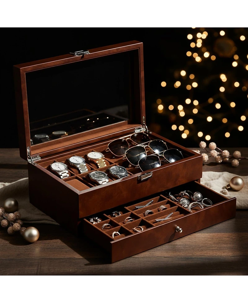 Yigii 12 Slot Watch Box Display Organizer Leather Automatic Led Light Battery Operated Gift