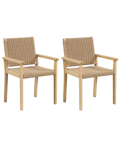 Gymax 2PCS Chair Rubber Wood Dining Armchairs Paper Rope Woven Seat Balcony Patio