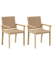 Gymax 2PCS Chair Rubber Wood Dining Armchairs Paper Rope Woven Seat Balcony Patio