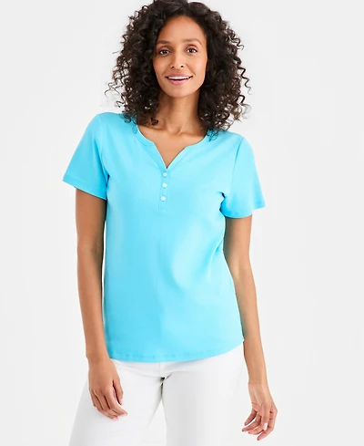 Style & Co Women's Short-Sleeve Cotton Henley Top, Exclusively at Macy's