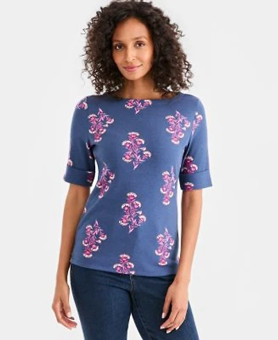 Style Co Womens Printed Boat Neck Elbow Sleeve Top Macys Exclusive