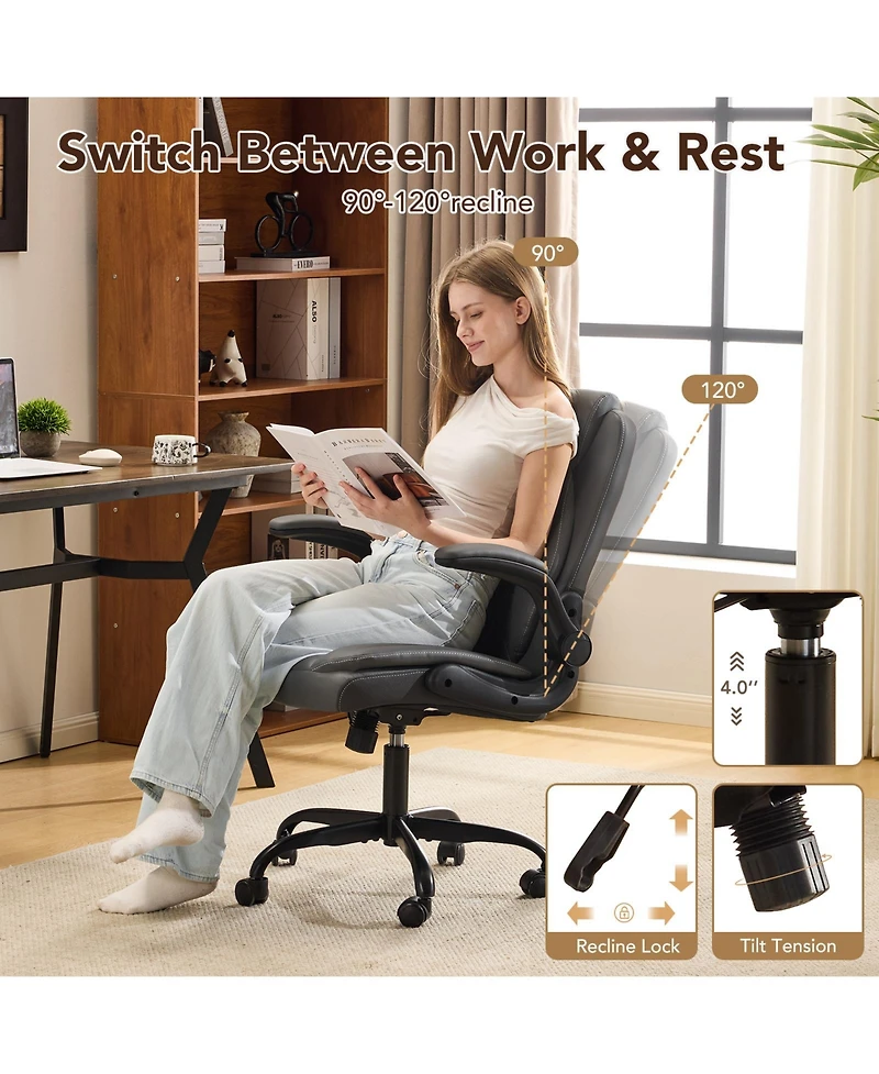 Flynama Leather Ergonomic Office Chair,Flip-Up Arms Rocking Gaming Chair