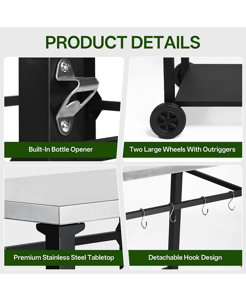 Flynama 2-Tier Outdoor Grill Cart with Stainless Steel Top and Tool Hooks
