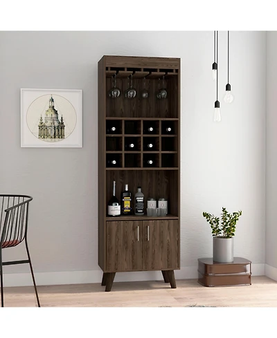 Flynama Dark Walnut Bar Cabinet with 12 Built-in ack, Double Door and 9-Glass Stemware Rack