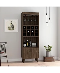 Flynama Dark Walnut Bar Cabinet with 12 Built-in ack, Double Door and 9-Glass Stemware Rack