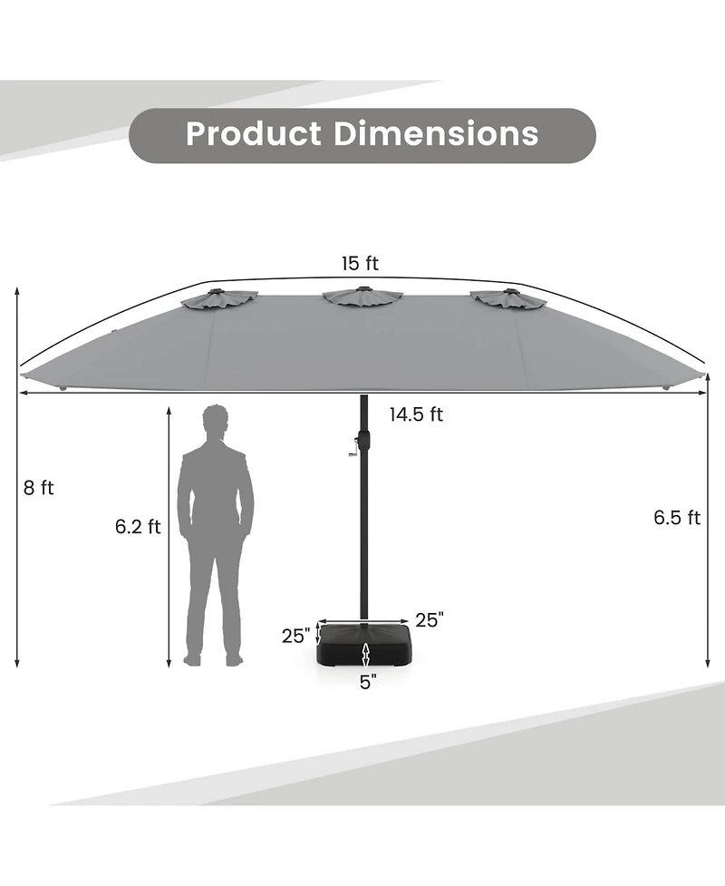 Gouun 15 ft Double-Sided Twin Patio Umbrella with Hand Crank and Weighted Base