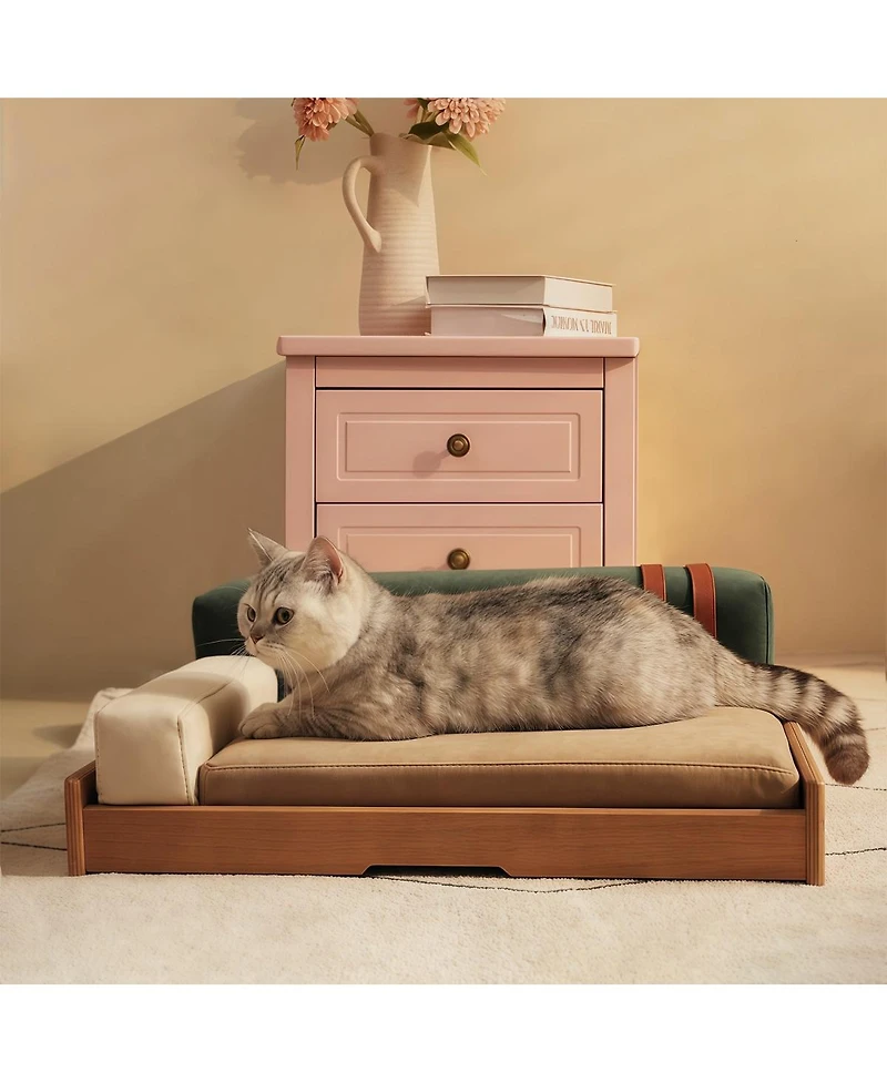 6thdruple Modern Oak Wood Pet Sofa, Chenille Pet Lounge with Removable Cushion, Built-in Toy for Cats