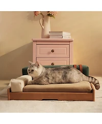 6thdruple Modern Oak Wood Pet Sofa, Chenille Pet Lounge with Removable Cushion, Built-in Toy for Cats