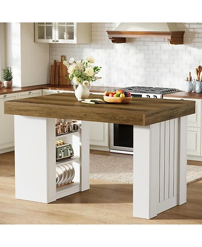 Tribesigns Kitchen Island with Storage, 55-Inch Farmhouse Stationary Island Table with Large Countertop, Counter Height Home Bar Table